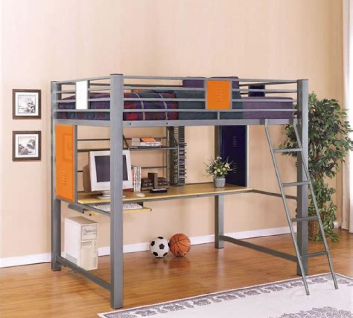 Metal Twin Size Loft Bunk Bed With Shelf Shelv