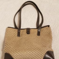 The Sak brown crochet and leather hobo bag. 12" square, 4" wide at bottom. 