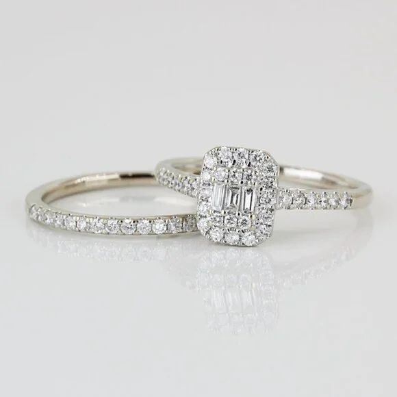 14k White Gold Baguette + Round Cut Diamonds 2 Pc. Wedding Ring Set