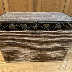 Vintage Lidded Wicker Storage Basket with Decorative Metalwork.