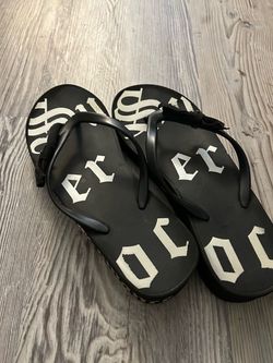 Black Flip Flops with Gothic Script Print