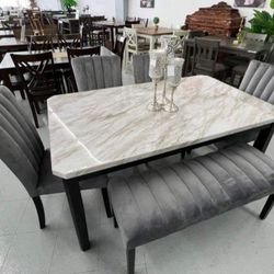 ✅️✅️5 pc Pascal black wood finish faux marble top dining table set grey fabric (Bench not included)✅️✅