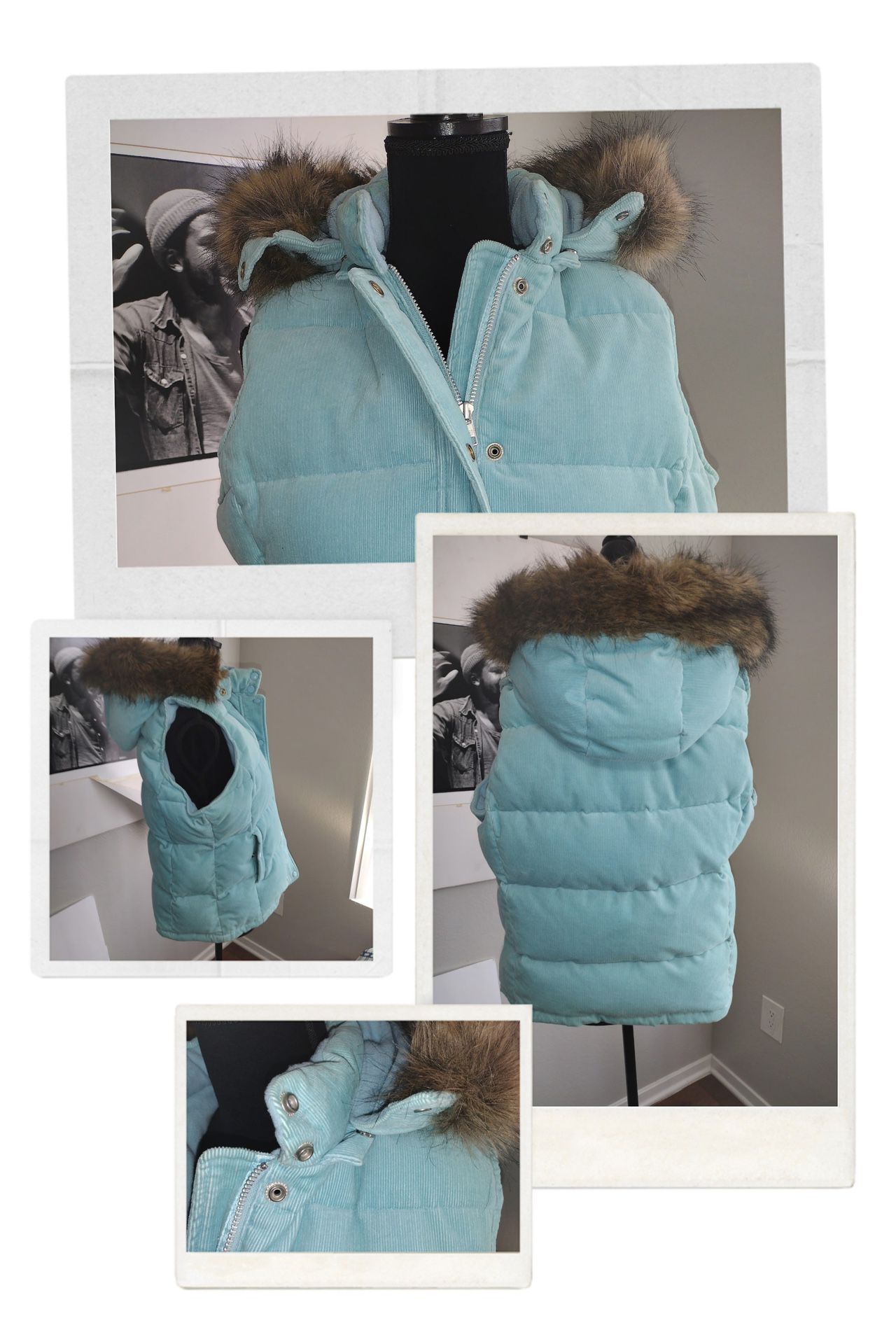 Gap X-Large Blue Corduroy Vest With Removable Hood With Removable Faux Fur Trim