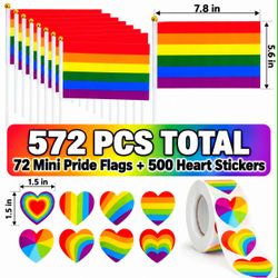 572PCS Pride Accessories Set – 72 Mini Rainbow Flags + 500 Heart Stickers