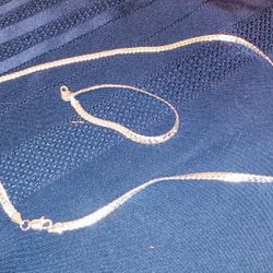 Elegant 925 Sterling Silver Flat Chain Necklace and Bracelet 