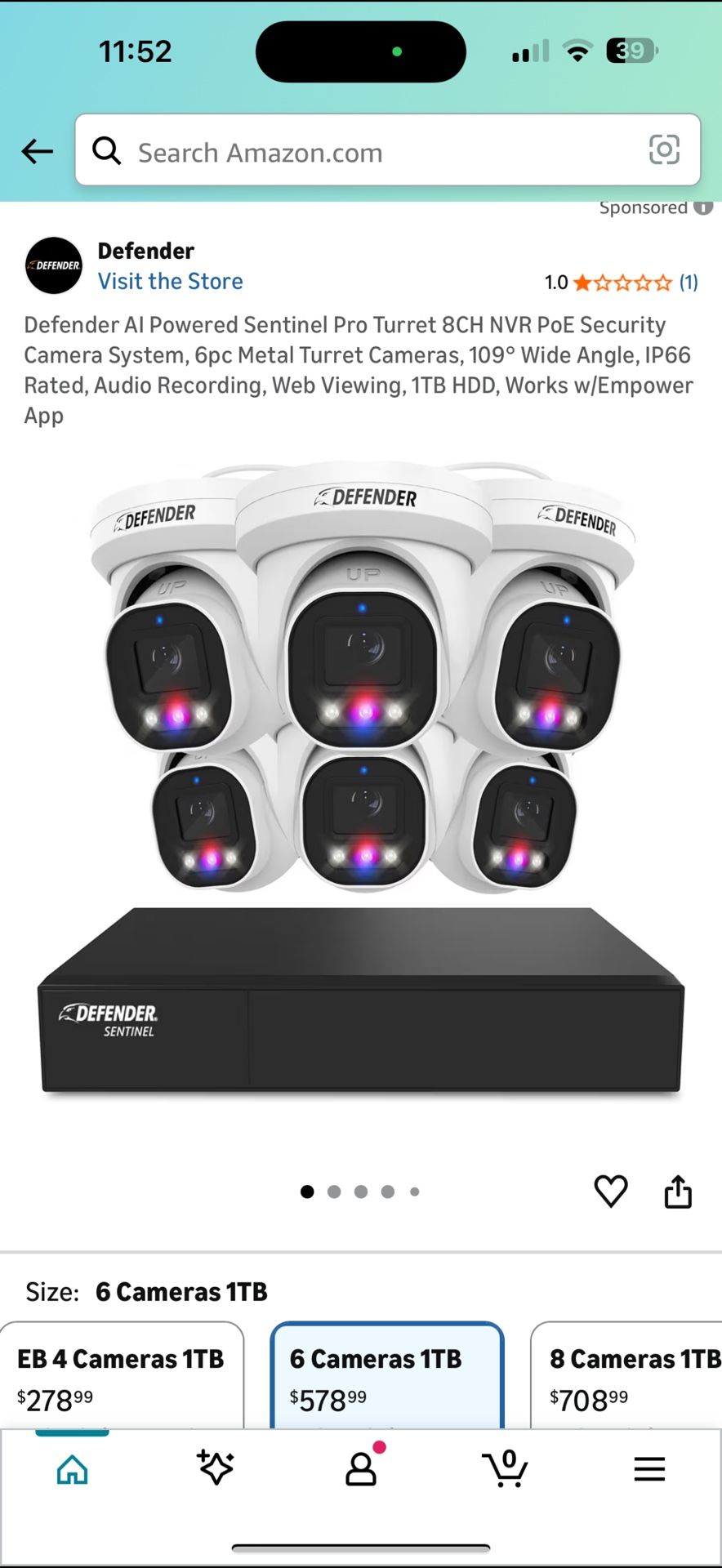 Defender Al Powered Sentinel Pro Turret 8CH NVR PoE Security Camera System, 6pc Metal Turret Cameras, 109° Wide Angle, IP66 Rated, Audio Recording, We