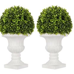 (-54) 2 Pack Artificial Boxwood Topiary Ball with Lights in Urn Container, 13" Topiary Centerpiece for Home Décor, Mini Fake Plant Greenery Arr