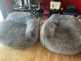 Pair of Large Gray Faux Fur Bean Bag Chairs