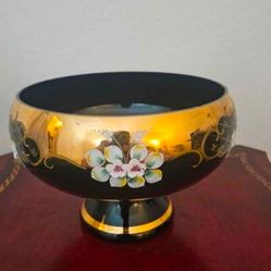 Handmade Rococo   Glass Dessert Candy Bowl Black/Gold 10"