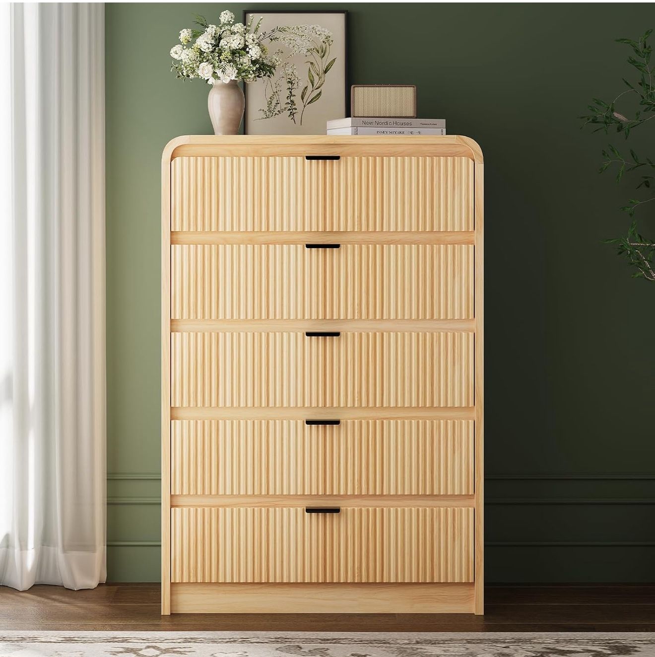 Modern Natural Oak Dresser β Fluted 5-Drawer Storage Cabinet (48β Tall)