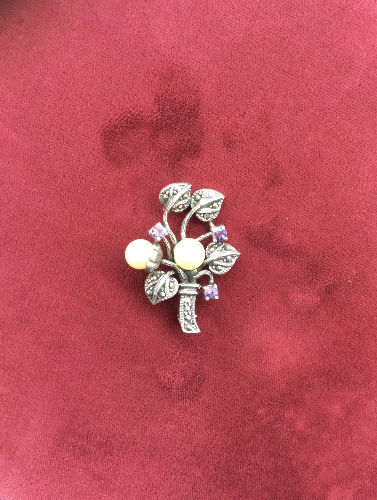 Vintage Sterling Silver 925 Pin Brooch Marcasite Pearl Amethyst