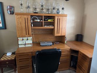 Desk and filing cabinet.