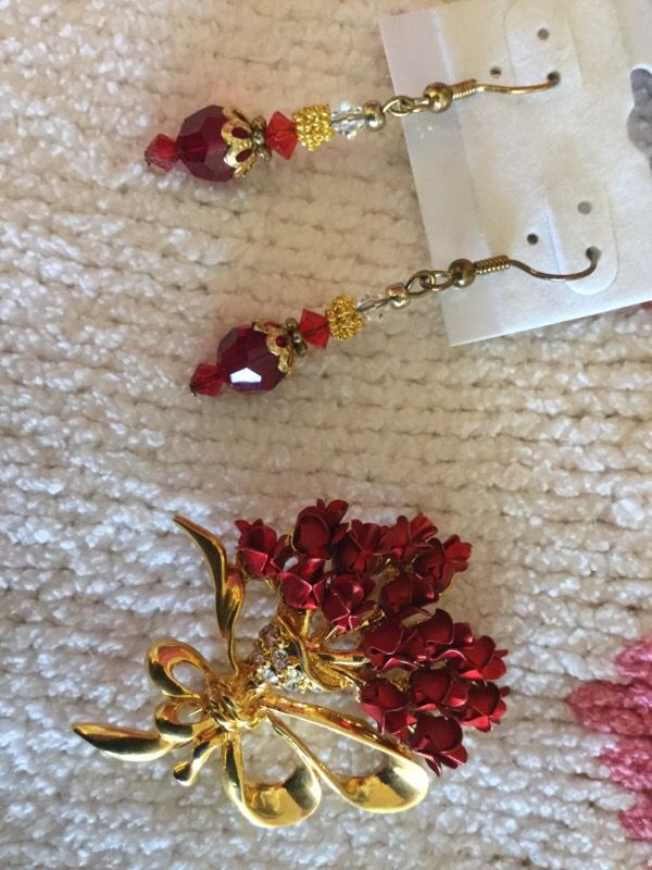 Valentine ❤️️ Beautiful Red Roses broach and Crystal earrings