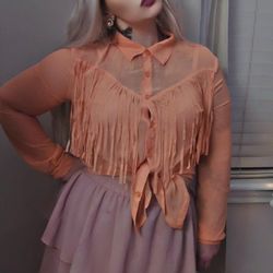 Bisou Bisou Neon Orange Sheer Fringe Blouse Size Large