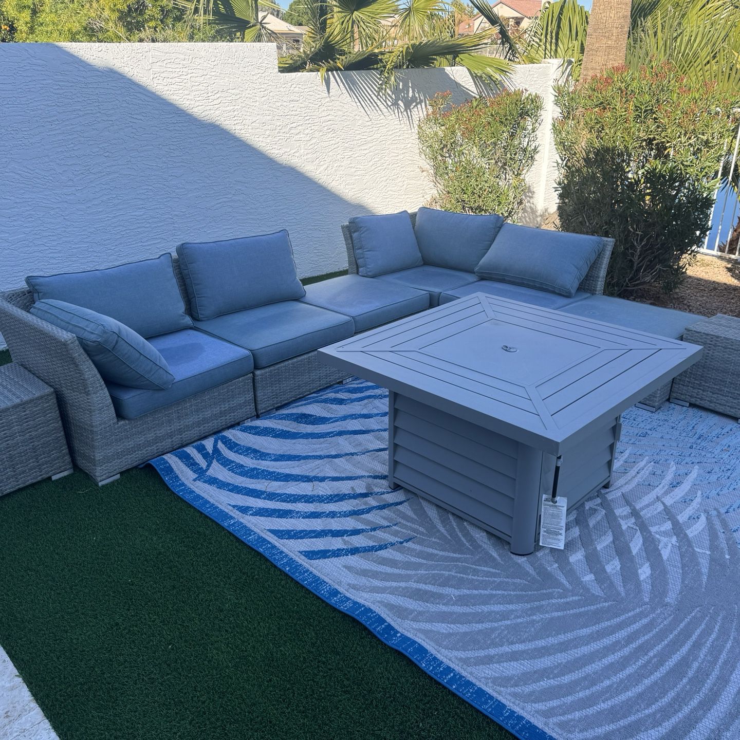Sectional Patio Furniture with Fire Pit & Rug