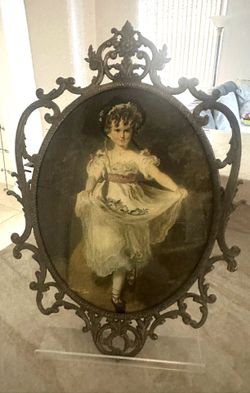 Vintage Antique Oval Picture Little Girl Ornate Brass Frame Made In Italy Hang or Stand
