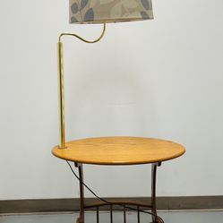 Antique Wooden End Table With Integrated Lamp And Magazine Rack