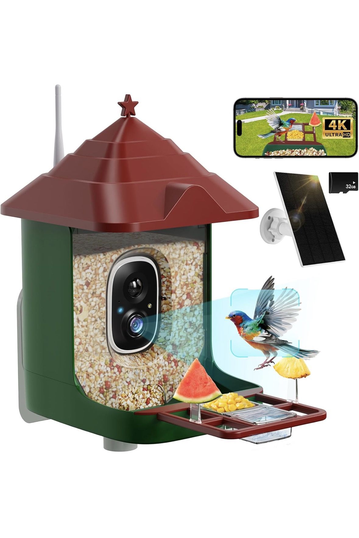 Smart Bird Feeder Camera 4K HD Solar Powered AI ID Alerts 32GB Card Waterproof