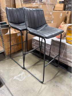 30" Bar Stools Industrial PU Leather Armless Chair with Sled Metal Legs and Upholstered Seat for Home and Restaurant, 2pcs, Black