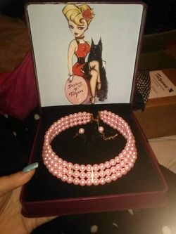Rare Tatyana pink pearl tripple strand choker necklace & earringsfrom the original Betty Page store inLA after it closed down