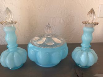 Vintage 1940s Fenton Blue Overlay Melon Vanity Set Perfume Bottles Powder Jar