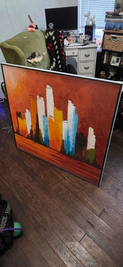 Large Framed Mid-Century Modern Skyline Painting (41" x 37")