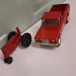 Vintage Tonka Jeep Gladiator Red Pick Up Truck and Vintage  Farm Tractor 