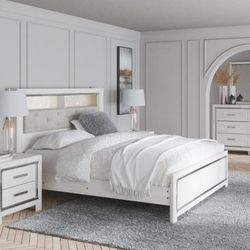 ✅Free-Fast Delivery & Altyra White Upholstered Bookcase LED Panel Bedroom Set