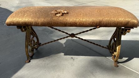 Vintage Ornate Wrought Iron Upholstered Bench