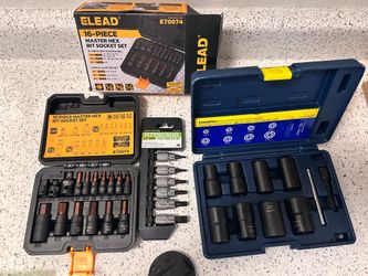 BMW tool kits, one time slightly used. ELEAD 16-Piece Master Hex Bit Socket Set (Model E70074);Thinkpro 10-Piece Impact Bolt & Nut Remover Set (Model: