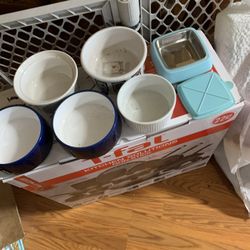 Dog Food & Water Bowls. Barely Used. One With Lid