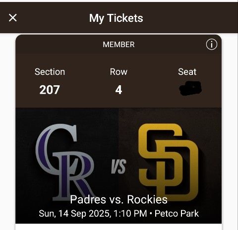 2 Tix - Padres Vs Rockies Sunday 9/14 Sec 207 Row 4