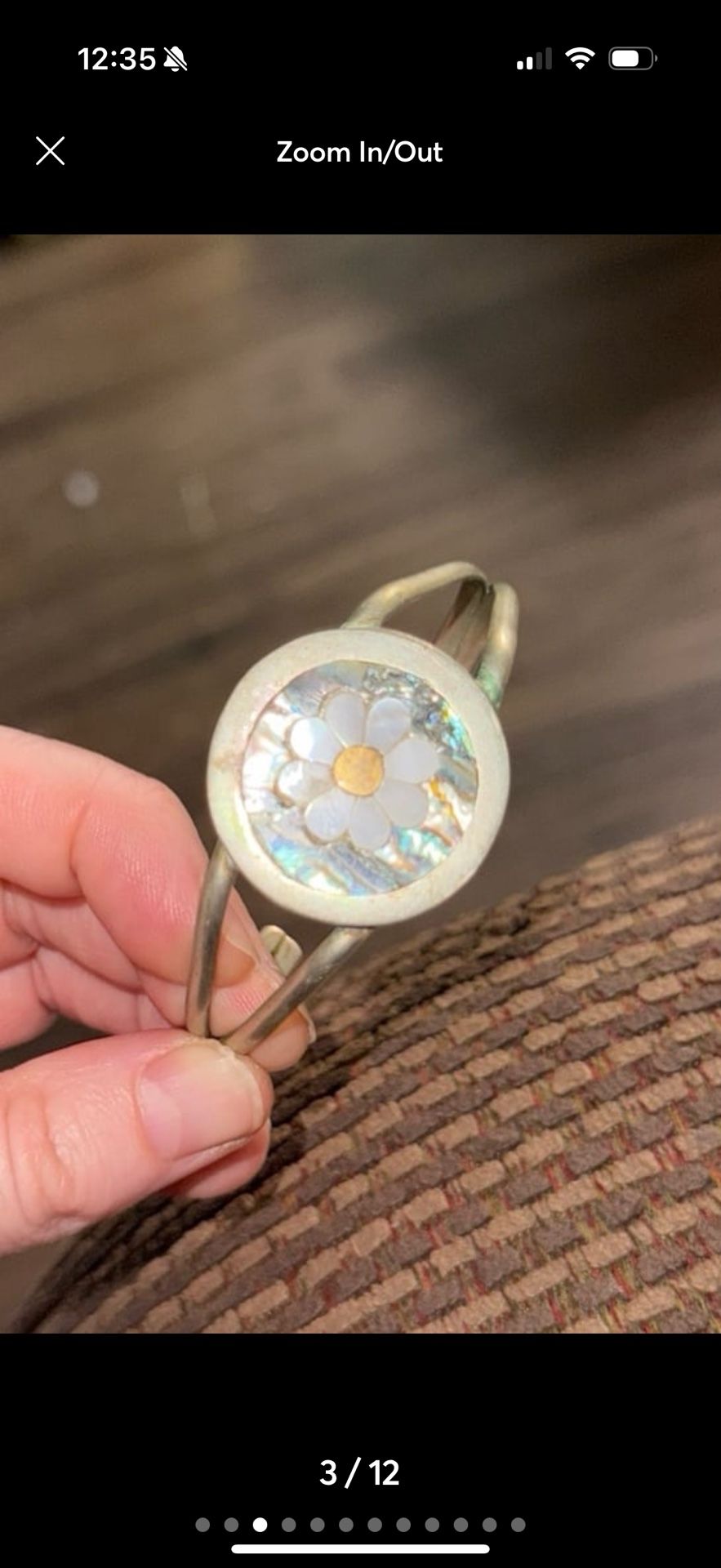 vintage mother of pearl and abalone flower inlay silver bracelet