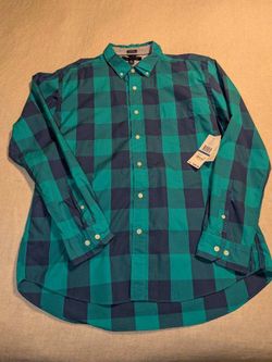 Tommy Hilfiger XL Blue/Green Plaid Custom Fit Long Sleeve Button Down, New