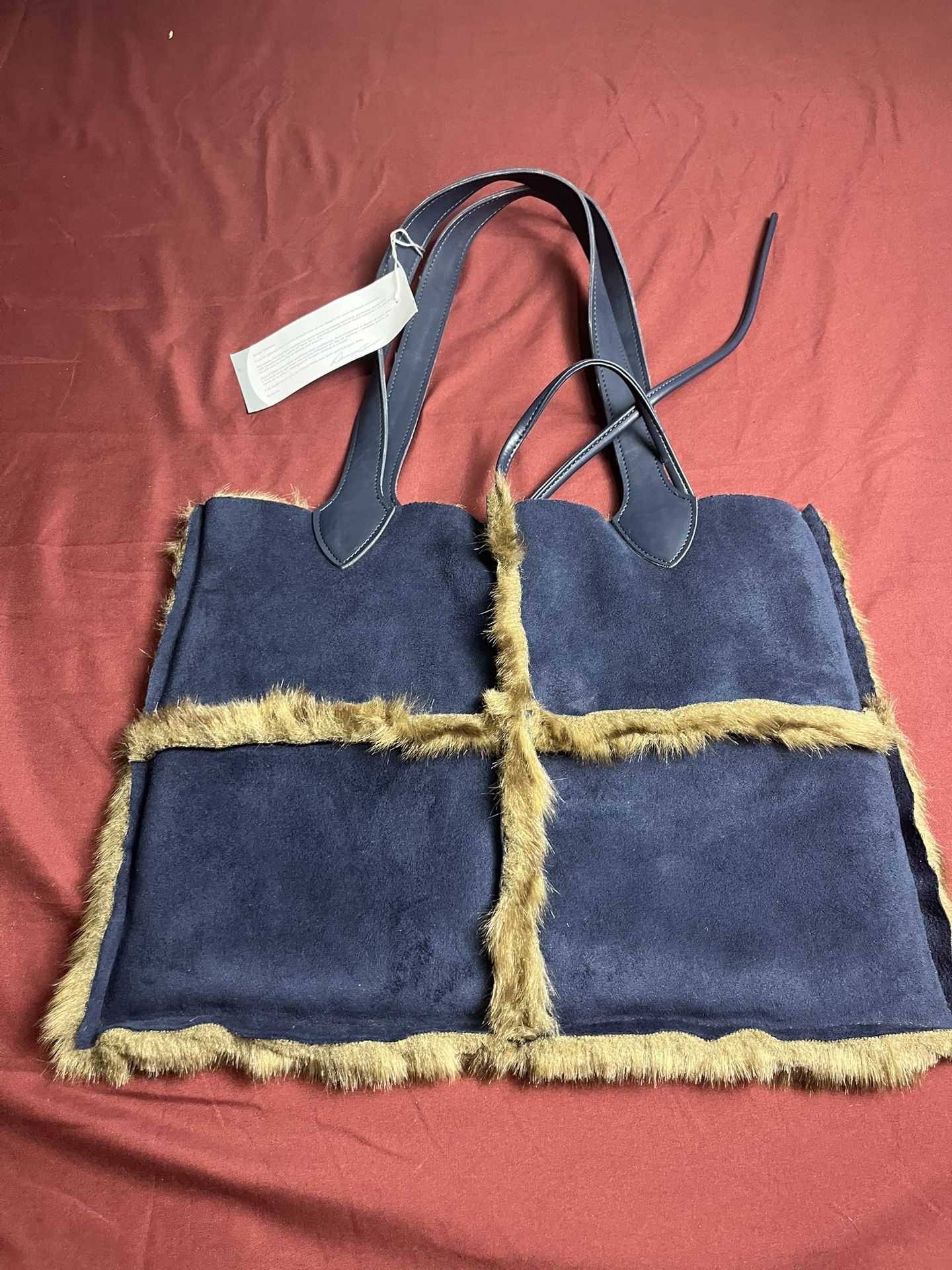 dennis basso Blue Suede & faux fur In Side Exclusive Luxury Hand Bag