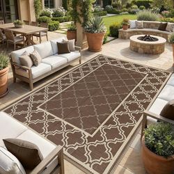 Reversible Outdoor Rug 8x10 Waterproof Patio Rugs with Boho Sun Pattern