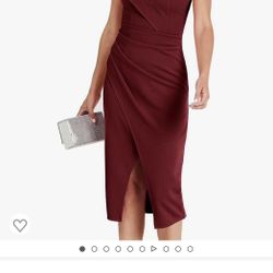 Caracilia Women's One Shoulder Sleeveless Dress Elegant Bodycon Ruched Slit Split Midi Party Dresses - Small Size (S=US(4-6) ) (Available in Wine Red 