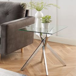 Modern Style Square Side Table with Tempered Glass Top and Metal Tubular Legs, Silver 20”Dx20”Wx22”H 