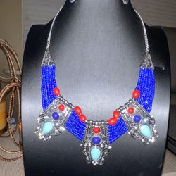 BRAND NEW - Costume Jewelry -  Red/Turquoise Blue Beaded Necklace - Medium Length