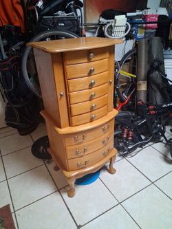 Tall Wooden Jewelry Armoire with Drawers