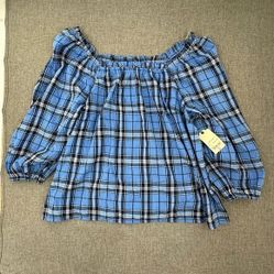 Brand New! St Johns Bay Peasant Top Blue Plaid Size OX Cotton & Rayon MSRP: $50