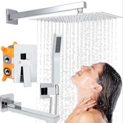 Dollate Shower System 10in Rainfall Head Handshower Tub Faucet With Rough-in Valve Chrome New 