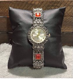 Attitude Women’s Watch 25mm Ornate Silver Tone W/ Red Rhinestone & New Battery