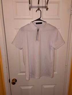 TR Premium Men's White Solid 1/4 Zip Collared Short Sleeve Polo Shirt Medium