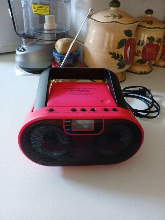 Riptunes Portable CD Player Boombox AM FM Radio, Bluetooth, USB, Aux-Input, MP3 CD Stereo Sound with Bass Boost, Party Lights, Headphone Jack, Backlit