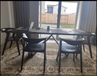 Custom Made Modern Dark Wood Dining Table and 4 Chairs With Area Rug