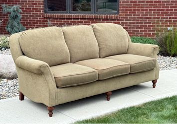 Smith Brothers Sage Green Tailored Sofa – Transitional Rolled Arm Couch
