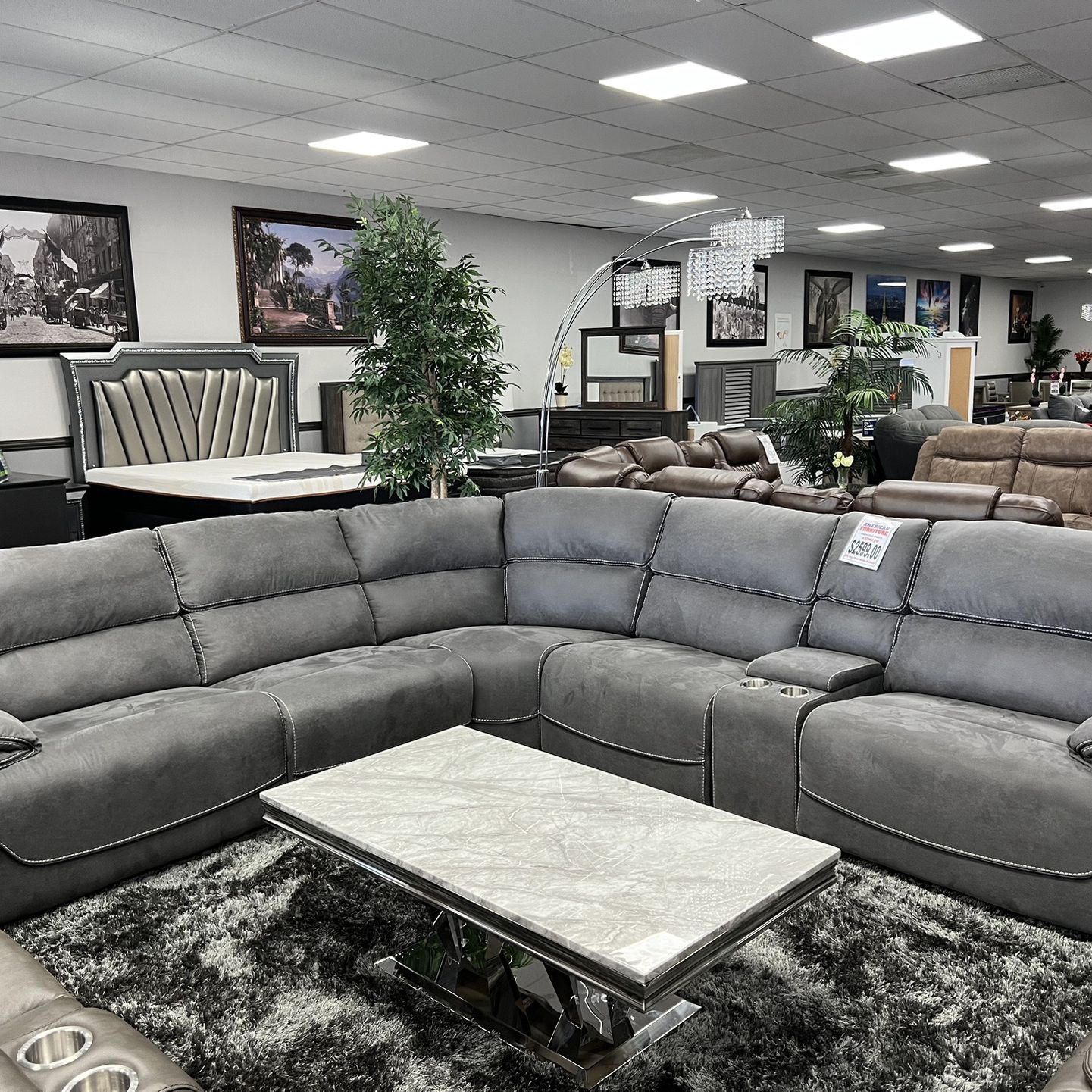 Gray Sofa Sectional w/ 3 Power Motion Recliners & USB Ports 