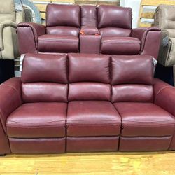Genuine Leather Power Reclining Red Leather Sofa& Loveseat & Recliner Couch 🛋️⭐$39 Down Payment with Financing ⭐ 90 Days same as cash
