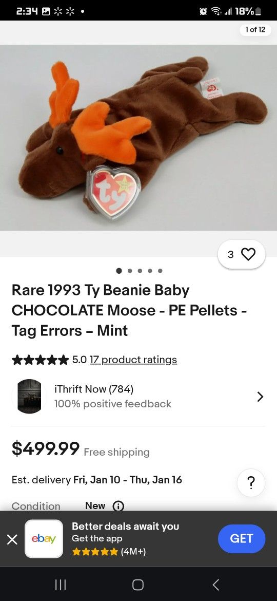 Rare 1993 Ty Beanie Babies. Chocolate MOOSE Mint